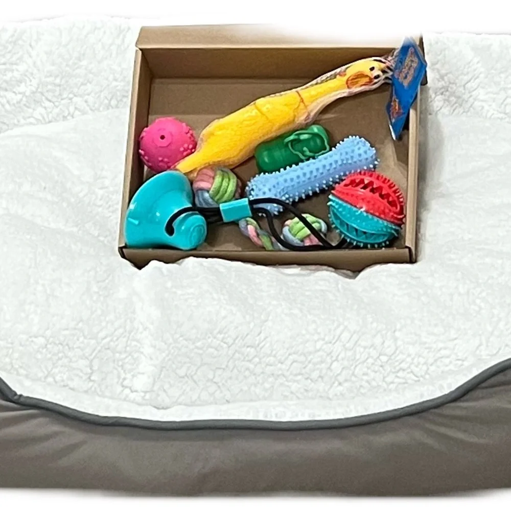 This is a bundle of pet toys with the bed. This is great for medium size dog ,